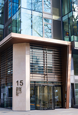 15 Fetter Lane, EC4A, London. - After: New façade of PVD stainless steel brise soleil, canopy and column.