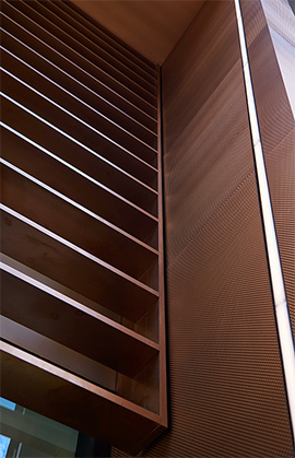 15 Fetter Lane, EC4A, London. - Brise soleil, canopy and column from V-grooved PVD stainless steel.